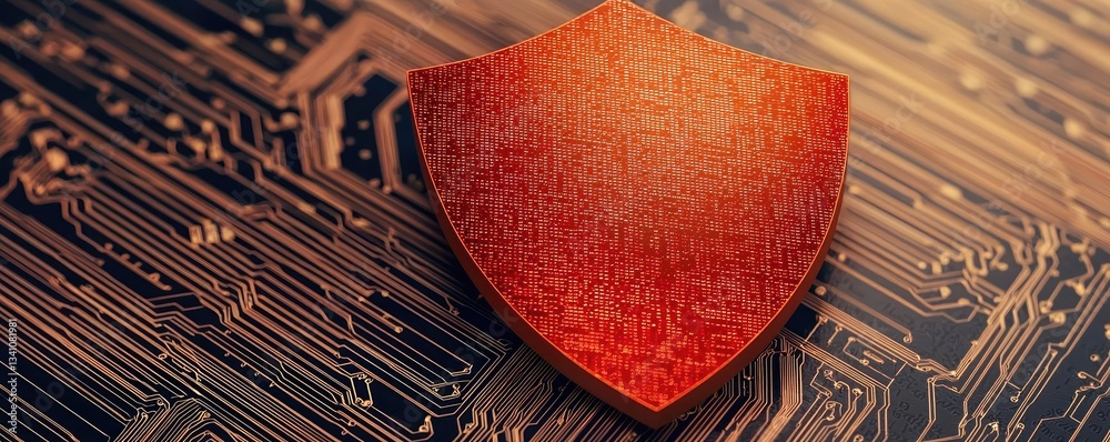Poster Cybersecurity protection in cyberspace and computing concept. Shield symbolizing cybersecurity on a circuit board background.