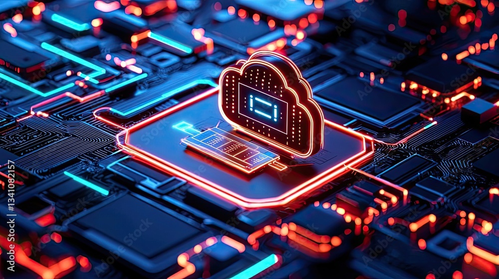 Poster Cybersecurity protection in cyberspace and computing concept. Futuristic digital cloud computing network with vibrant colors.