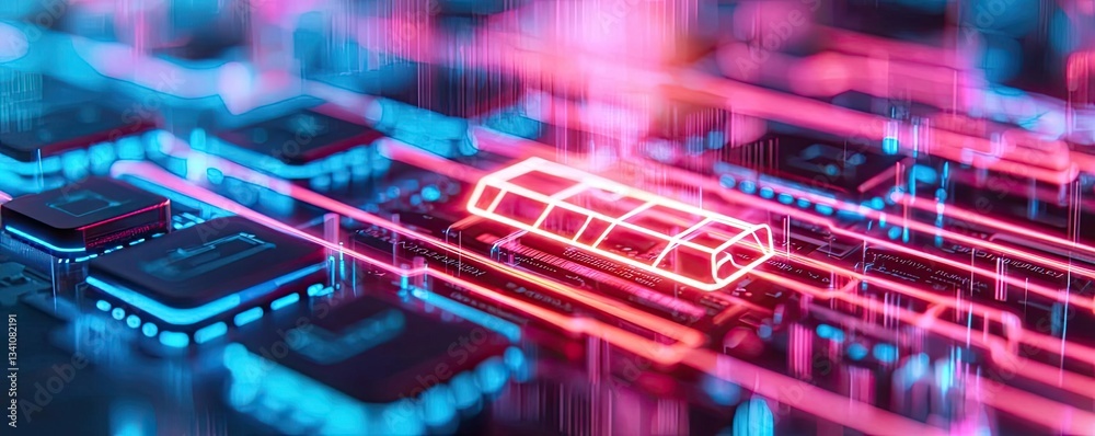 Poster Cybersecurity database computing and data protection concept. Vibrant circuit board with neon lights showcasing modern technology.
