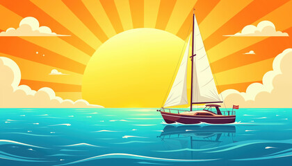 Fototapeta premium A serene illustration of a sailboat gliding across calm blue waters under a vibrant sunset, evoking a sense of tranquility and freedom.