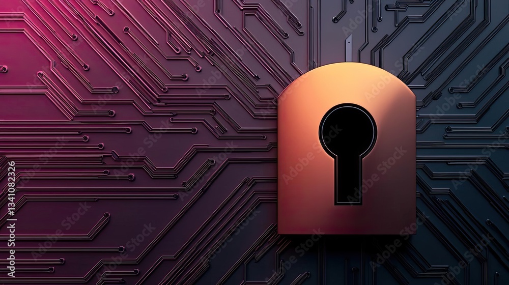 Poster Cybersecurity database computing and data protection concept. Digital lock symbolizes secure access in the technology realm.