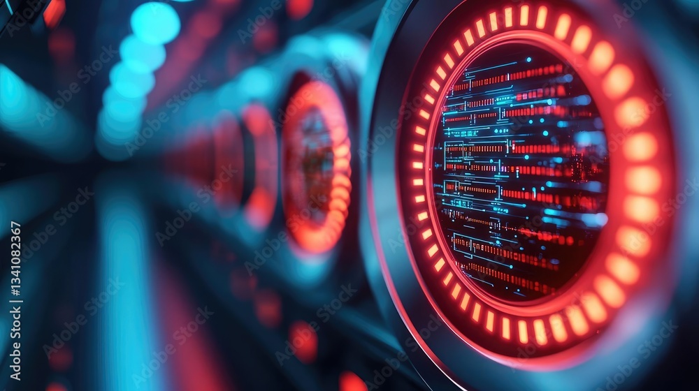 Aufkleber Cybersecurity protection in cyberspace and computing concept. Futuristic data servers with glowing digital interfaces.