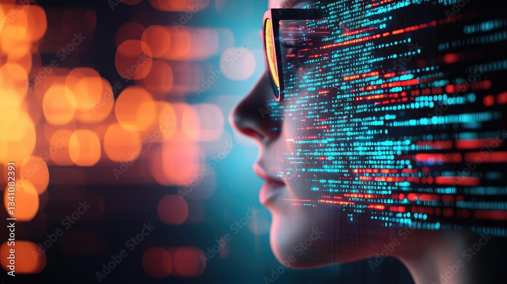 Aufkleber Cybersecurity protection in cyberspace and computing concept. Futuristic portrait with data flow and digital elements.