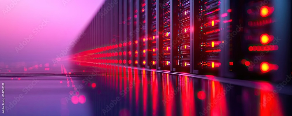 Aufkleber Cybersecurity database computing and data protection concept. Close-up view of server racks with illuminated lights and cables.