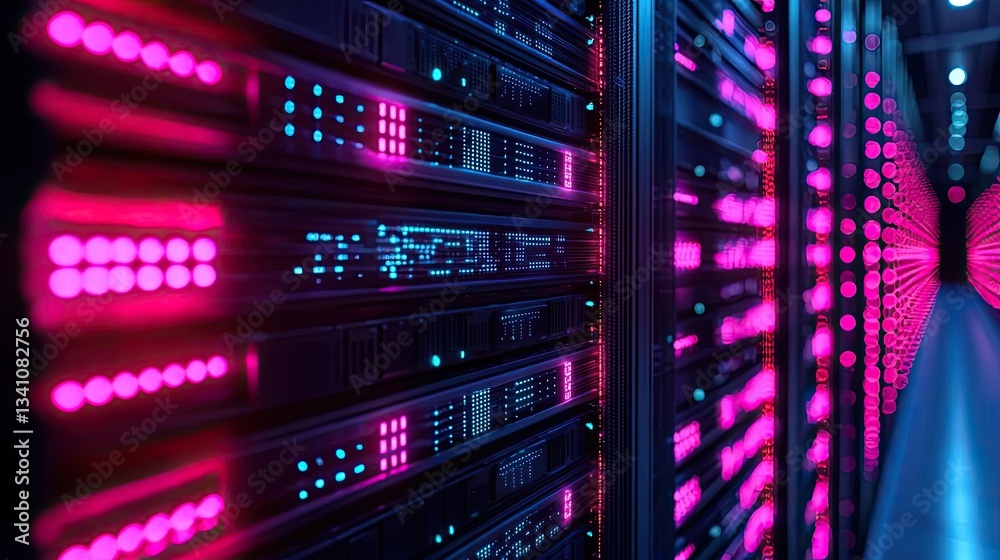 Poster Cybersecurity database computing and data protection concept. Close-up of modern server with vibrant lights in data center.