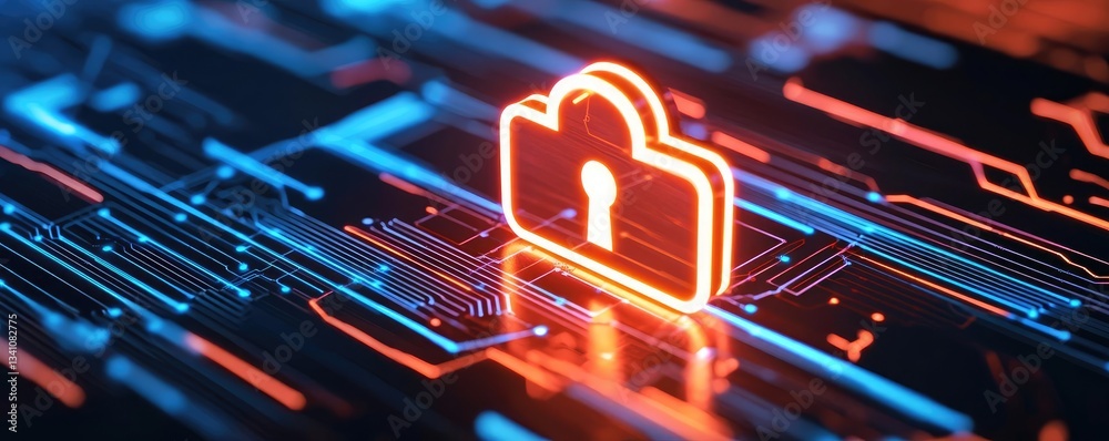 Poster Cybersecurity protection in cyberspace and computing concept. Digital lock icon on circuit board background representing security.
