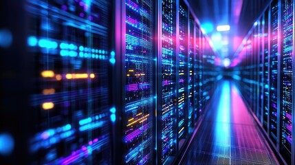 Cybersecurity database computing and data protection concept. Futuristic server room with vibrant lights and digital connectivity.