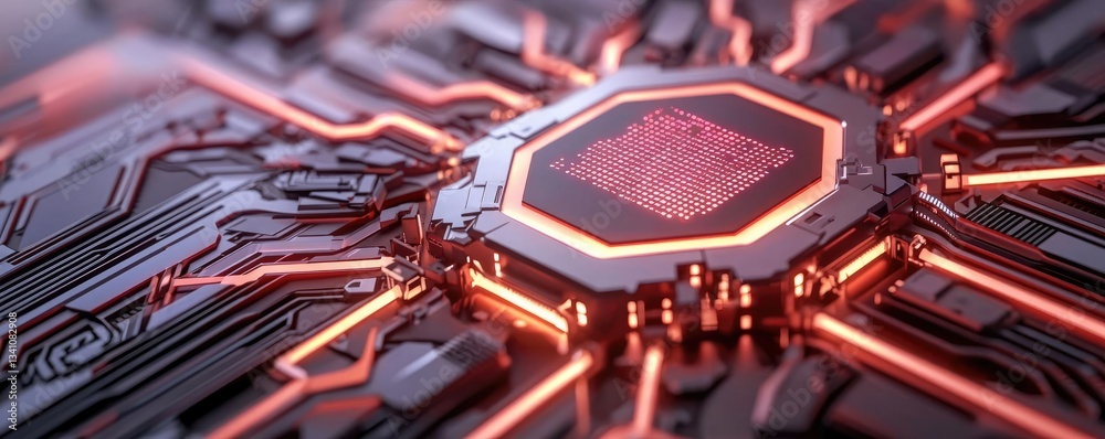 Poster Cybersecurity database computing and data protection concept. Close-up of a futuristic microchip with glowing circuitry.