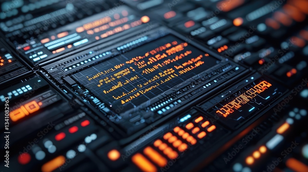 Poster Cybersecurity protection in cyberspace and computing concept. Futuristic control panel with glowing buttons and screens.