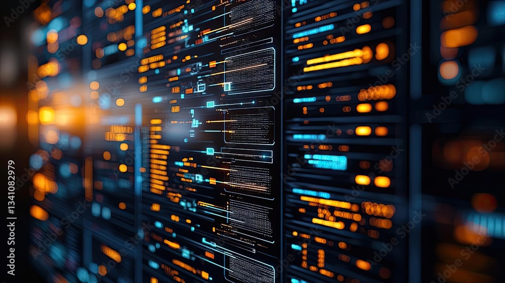 Aufkleber Cybersecurity protection in cyberspace and computing concept. Abstract view of modern data servers with bright lights.
