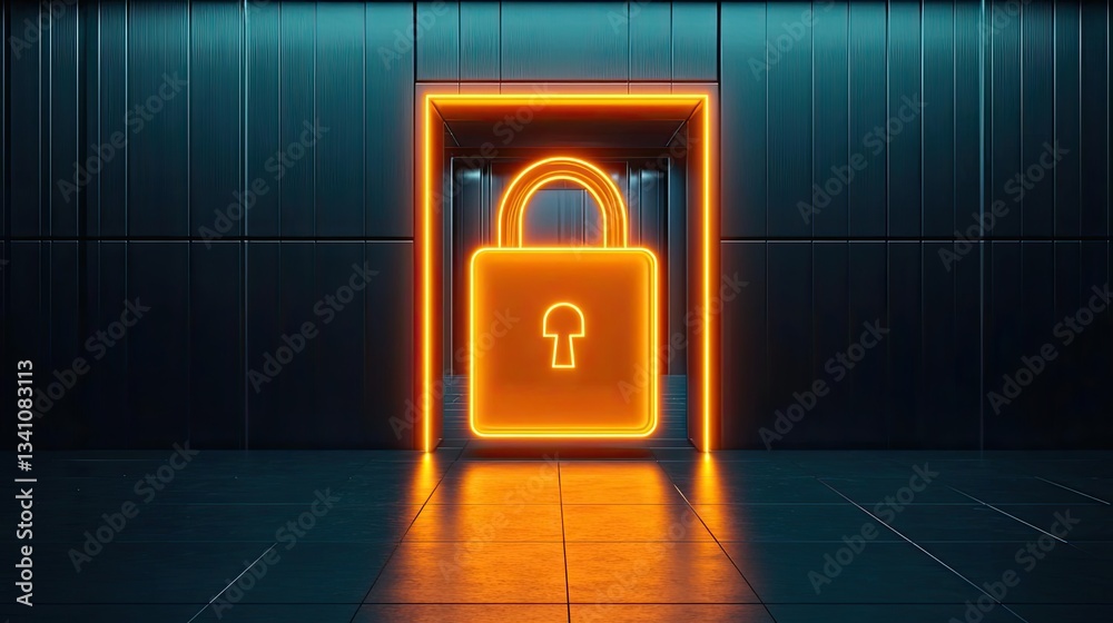 Poster Cybersecurity protection in cyberspace and computing concept. Futuristic digital lock symbol with glowing neon light.