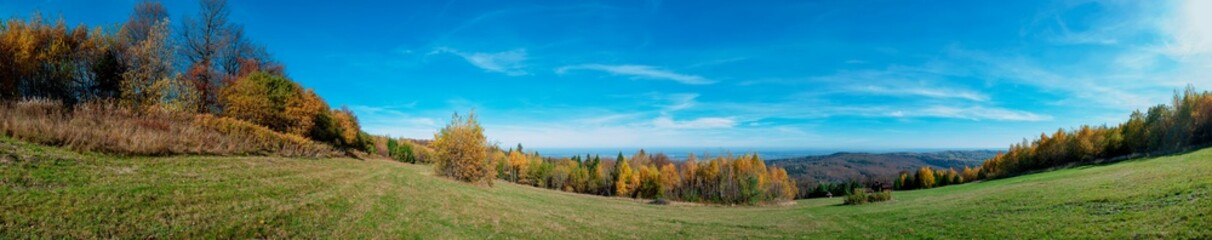 Fototapeta premium Panoramic nature landscape, soft pastel colors, dream nature, sunset autumn background, peaceful amazing nature panorama