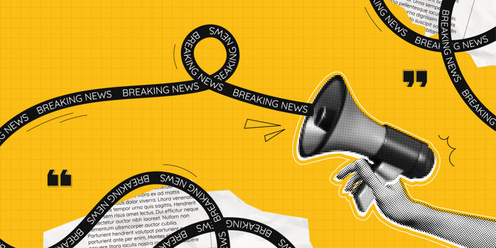 Trendy Halftone Collage Social media news. Hand holding Megaphone with breaking news text ribbon. Propaganda and fake news. Announce on yellow background. Contemporary vector illustration art
