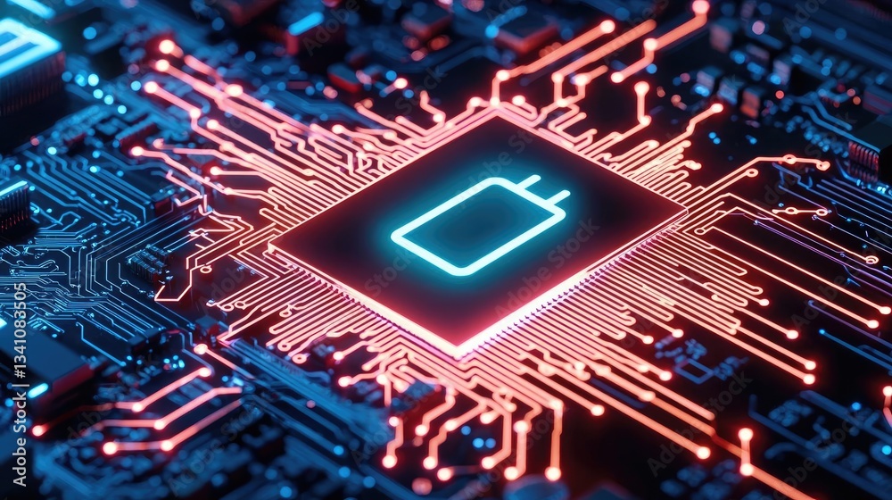 Aufkleber Cybersecurity database computing and data protection concept. Close-up of a glowing battery icon on a circuit board.