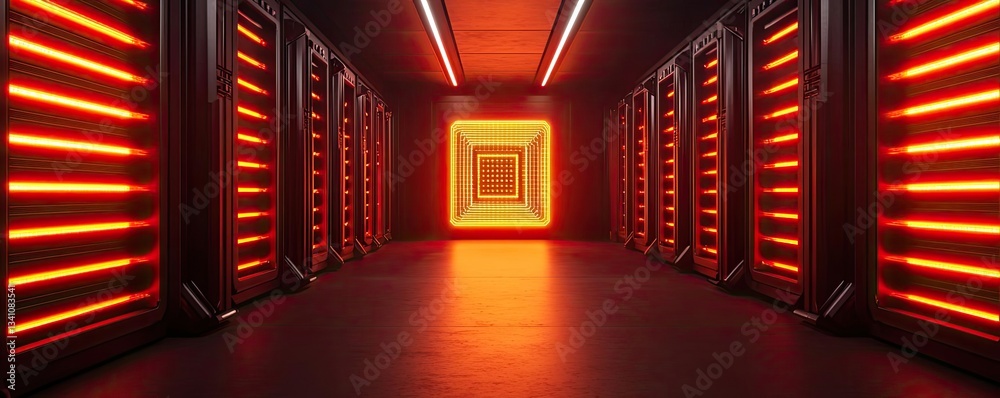 Poster Cybersecurity database computing and data protection concept. Futuristic corridor with neon lights and data storage units.