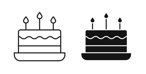 Cake birthday icons in flat solid and thin line style