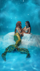 Intense gaze and deep conversation. Two young women, mermaids resting on transparent veil and...