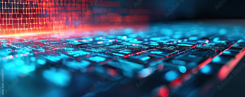 Poster Cybersecurity data protection in database computing concept. Illuminated laptop keyboard with digital design elements.