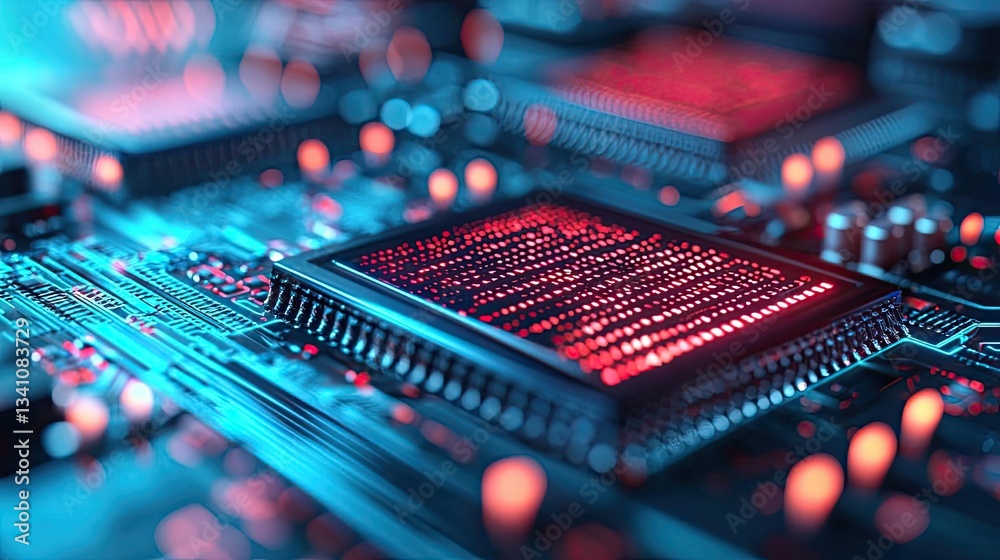 Poster Cybersecurity protection in cyberspace and computing concept. Close-up of a circuit board showcasing intricate designs and colors.
