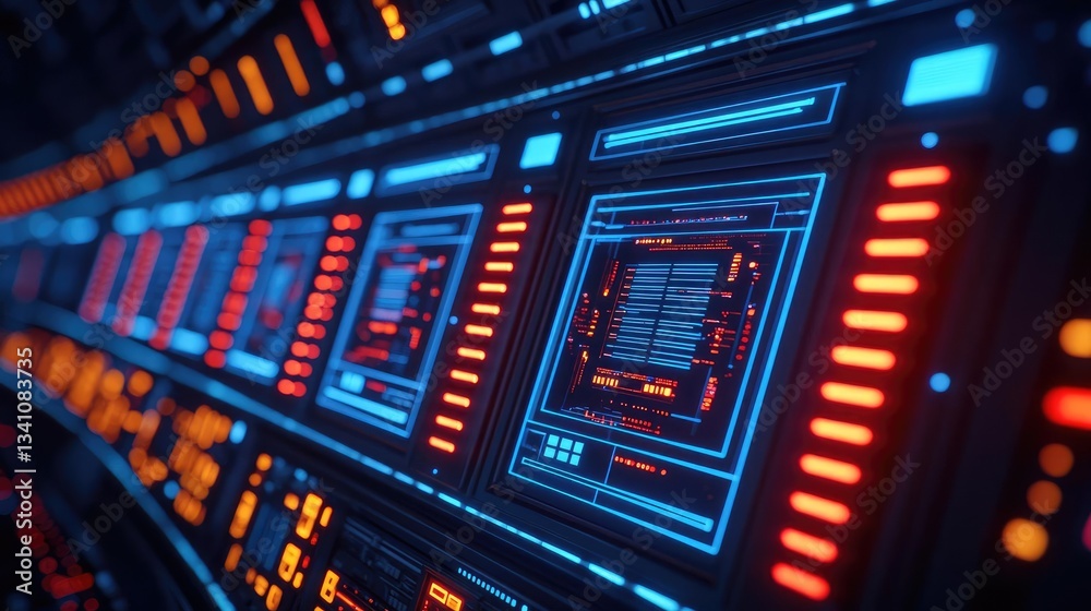 Poster Cybersecurity database computing and data protection concept. Futuristic interface with glowing circuit patterns and vibrant colors.