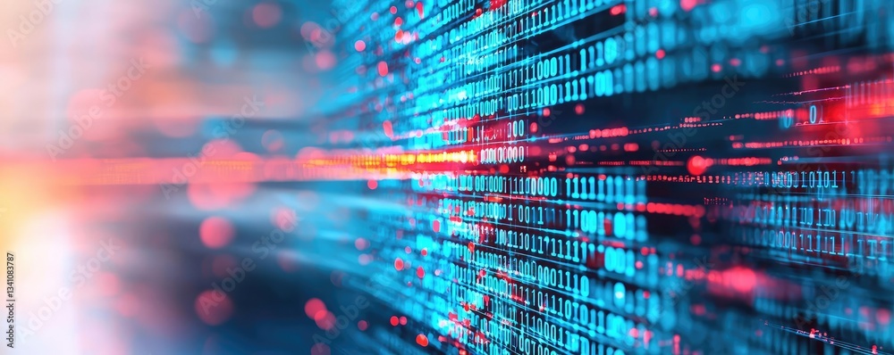 Poster Cybersecurity data protection in database computing concept. Futuristic digital data stream showcasing vibrant colors and patterns.