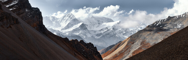 Panoramic view of snow mountains range landscape Annapurna Nature Reserve, trekking route, Nepal