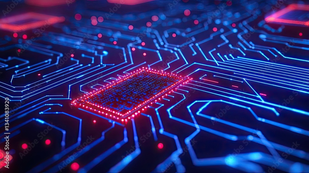 Aufkleber Cybersecurity database computing and data protection concept. Close-up view of a vibrant, illuminated circuit board design.