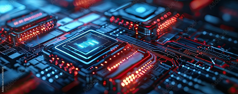 Aufkleber Cybersecurity protection in cyberspace and computing concept. Close-up view of a high-tech microchip circuit board.