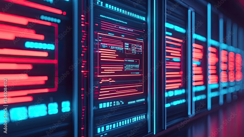 Aufkleber Cybersecurity protection in cyberspace and computing concept. Futuristic server room with glowing screens and data flow.