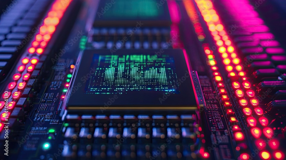 Poster Cybersecurity protection in cyberspace and computing concept. Close-up view of a vibrant, illuminated computer circuit board.