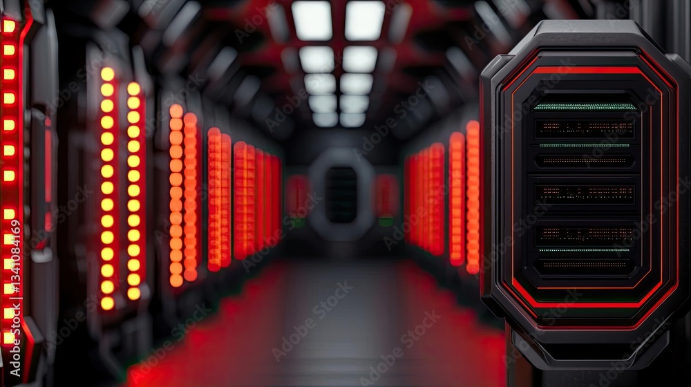 Aufkleber Cybersecurity data protection in database computing concept. Futuristic corridor with glowing lights and advanced machinery.