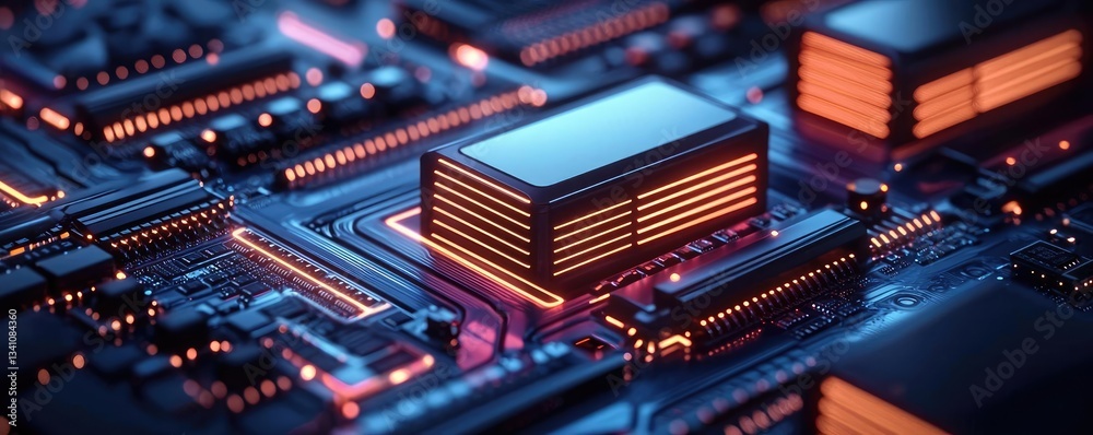 Poster Cybersecurity protection in cyberspace and computing concept. Futuristic circuit board with glowing elements and intricate design.
