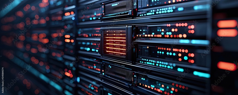 Aufkleber Cybersecurity protection in cyberspace and computing concept. Close-up view of server racks in a modern data center environment.
