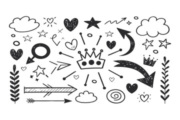 Chalkboard Doodle Line Brush Elements Set Hand Drawn Scribble Lines, Arrows, Squares, and Spirals in Crayon and Pencil Style Vector Clipart