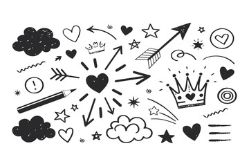 Chalkboard Doodle Line Brush Elements Set Hand Drawn Scribble Lines, Arrows, Squares, and Spirals in Crayon and Pencil Style Vector Clipart