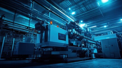 Obraz premium A plastic molding factory with large injection machines on a cool-toned industrial background