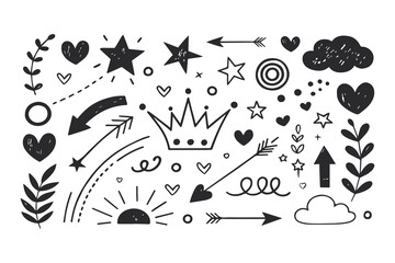 Chalkboard Doodle Line Brush Elements Set Hand Drawn Scribble Lines, Arrows, Squares, and Spirals in Crayon and Pencil Style Vector Clipart