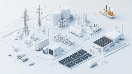 Futuristic cityscape showcasing a modern energy infrastructure with a diverse range of power methods including solar panels wind turbines and traditional power plants