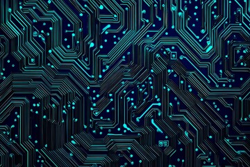 Abstract close-up of a glowing blue digital circuit board, showcasing intricate connections and technological design on a black background.
