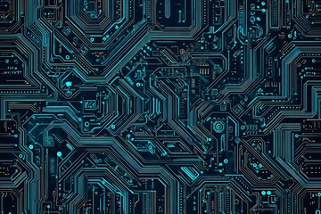 Abstract close-up of a glowing blue digital circuit board, showcasing intricate connections and technological design on a black background.
