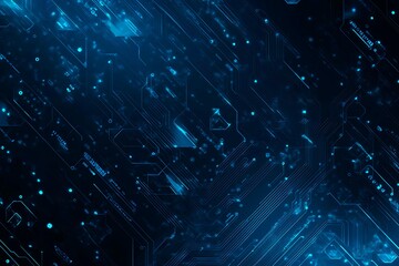 Fototapeta premium Abstract close-up of a glowing blue digital circuit board, showcasing intricate connections and technological design on a black background. 