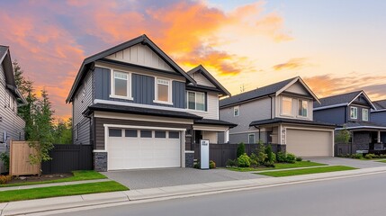 Modern Suburban Home with Beautiful Sunset Sky in Background