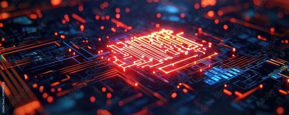 Poster Artificial intelligence data circuit in cyberspace computing concept. Vibrant close-up of a digital circuit board with glowing elements.