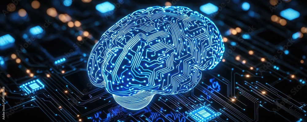 Poster Artificial intelligence data circuit in cyberspace computing concept. Digital brain on microchip, symbolizing advanced technology.