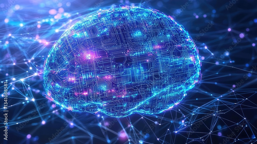 Poster Artificial intelligence data circuit in cyberspace computing concept. Abstract representation of a digital brain with glowing circuits.