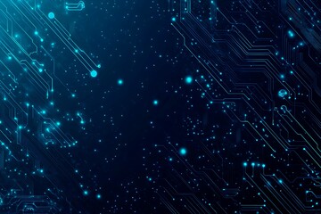 Abstract close-up of a glowing blue digital circuit board, showcasing intricate connections and technological design on a black background.
