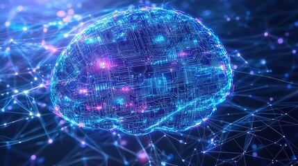 Artificial intelligence data circuit in cyberspace computing concept. Abstract representation of a digital brain with glowing circuits.