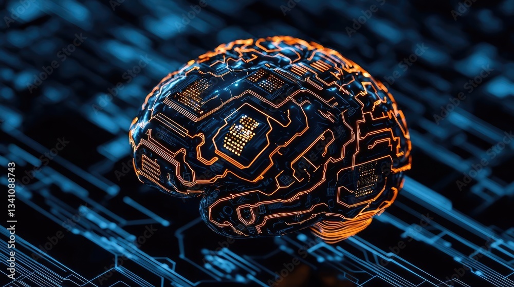 Poster Artificial intelligence data circuit in cyberspace computing concept. A futuristic brain design with circuitry patterns and glowing lines.