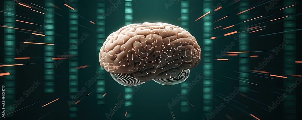 Poster Artificial intelligence database in cyberspace circuit concept. 3D rendering of a brain surrounded by digital elements.