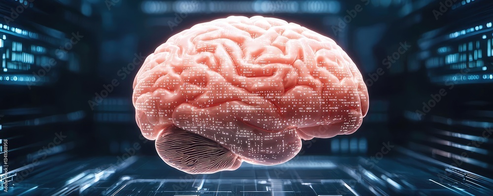 Poster Artificial intelligence database and future computing concept. Realistic 3D rendering of a human brain in a tech environment.
